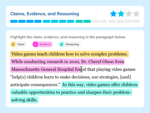 Students practice highlighting claims, evidence, and reasoning within a paragraph on engaging topics such as video games, and can see their progress as they work.