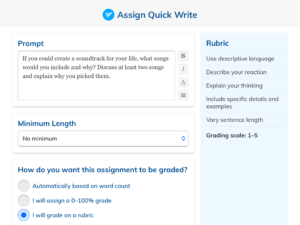 “Assign Quick Write” screen, which allows users to enter a Prompt, Minimum Length, and options for grading on a rubric, manual grading on a 0-100% scale, or automatic grading based on word count.