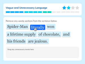 为了练习“模糊和不必要的语言”等话题，学生们在有趣的句子中穿插单词，比如“蜘蛛侠真的赢得了一生的巧克力供应，他的朋友们都很嫉妒。”